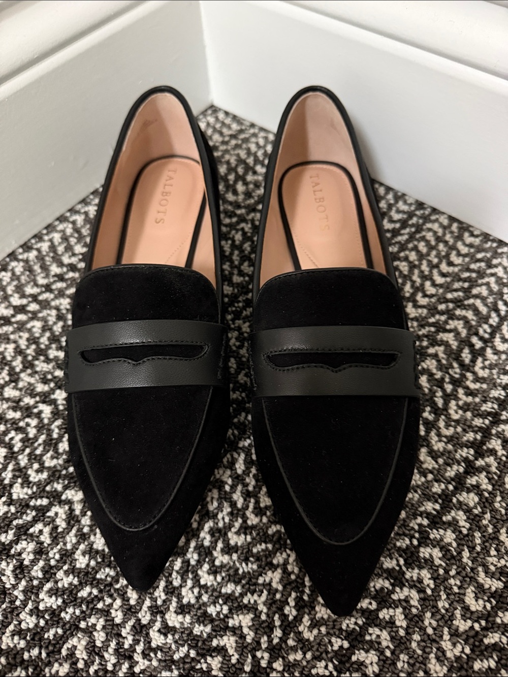 Talbots Black Pointed Suede Loafers with Leather Trim
